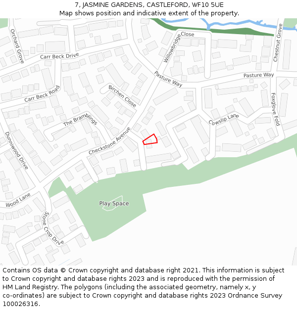 7, JASMINE GARDENS, CASTLEFORD, WF10 5UE: Location map and indicative extent of plot