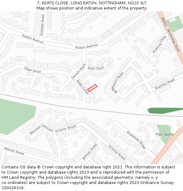 7, KEATS CLOSE, LONG EATON, NOTTINGHAM, NG10 3LT: Location map and indicative extent of plot