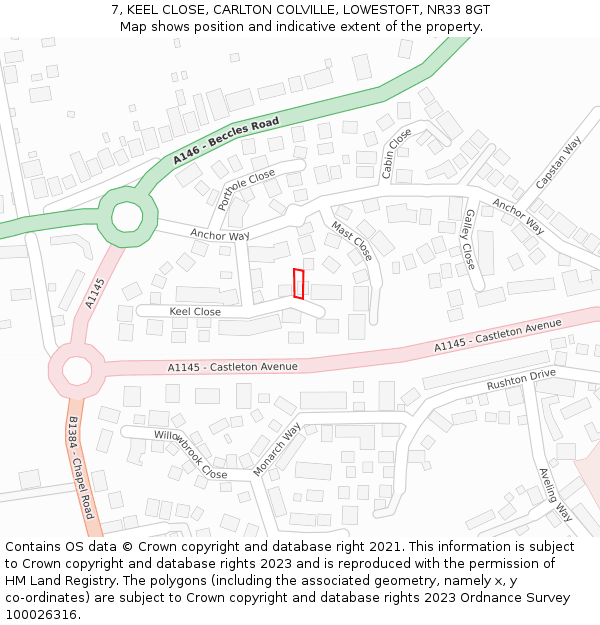 7, KEEL CLOSE, CARLTON COLVILLE, LOWESTOFT, NR33 8GT: Location map and indicative extent of plot