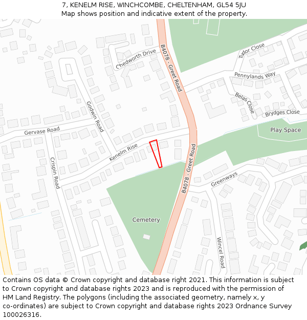 7, KENELM RISE, WINCHCOMBE, CHELTENHAM, GL54 5JU: Location map and indicative extent of plot