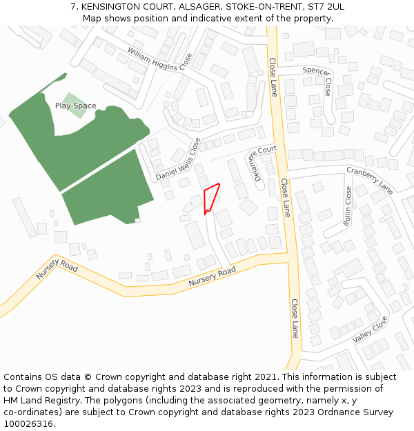 7, KENSINGTON COURT, ALSAGER, STOKE-ON-TRENT, ST7 2UL: Location map and indicative extent of plot