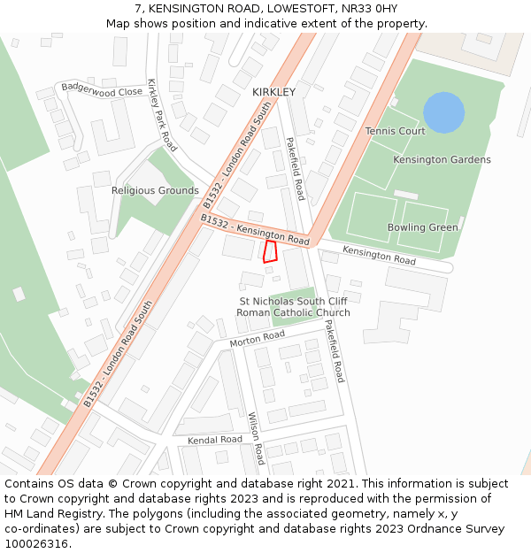 7, KENSINGTON ROAD, LOWESTOFT, NR33 0HY: Location map and indicative extent of plot