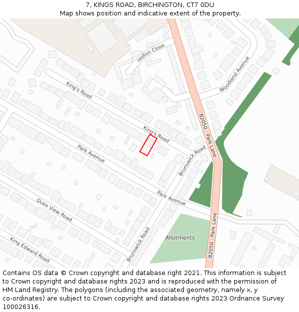 7, KINGS ROAD, BIRCHINGTON, CT7 0DU: Location map and indicative extent of plot