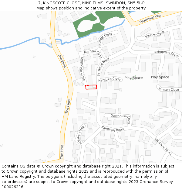 7, KINGSCOTE CLOSE, NINE ELMS, SWINDON, SN5 5UP: Location map and indicative extent of plot
