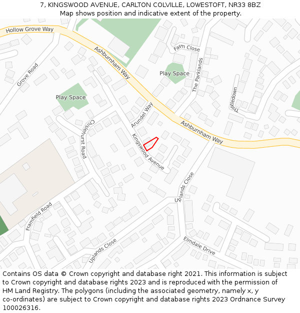 7, KINGSWOOD AVENUE, CARLTON COLVILLE, LOWESTOFT, NR33 8BZ: Location map and indicative extent of plot