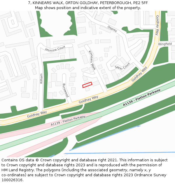 7, KINNEARS WALK, ORTON GOLDHAY, PETERBOROUGH, PE2 5FF: Location map and indicative extent of plot