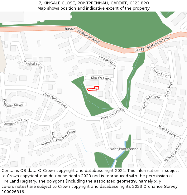 7, KINSALE CLOSE, PONTPRENNAU, CARDIFF, CF23 8PQ: Location map and indicative extent of plot