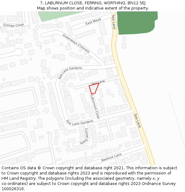 7, LABURNUM CLOSE, FERRING, WORTHING, BN12 5EJ: Location map and indicative extent of plot