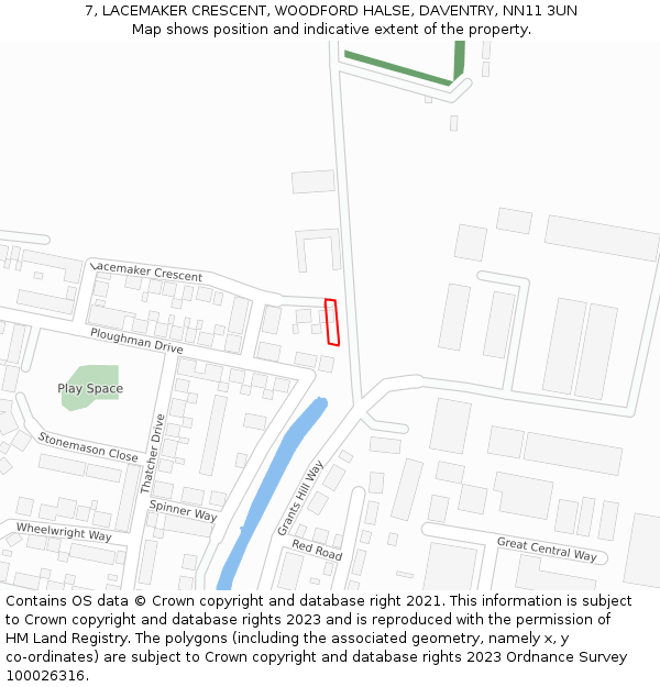 7, LACEMAKER CRESCENT, WOODFORD HALSE, DAVENTRY, NN11 3UN: Location map and indicative extent of plot