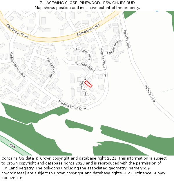 7, LACEWING CLOSE, PINEWOOD, IPSWICH, IP8 3UD: Location map and indicative extent of plot