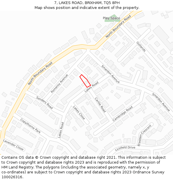 7, LAKES ROAD, BRIXHAM, TQ5 8PH: Location map and indicative extent of plot