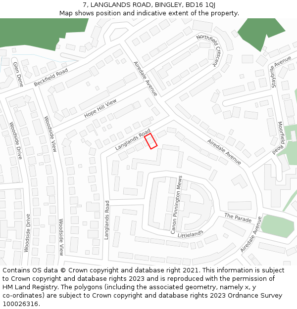 7, LANGLANDS ROAD, BINGLEY, BD16 1QJ: Location map and indicative extent of plot