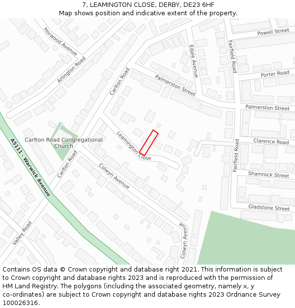7, LEAMINGTON CLOSE, DERBY, DE23 6HF: Location map and indicative extent of plot