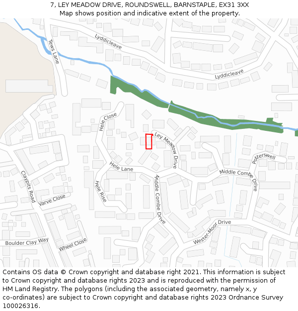 7, LEY MEADOW DRIVE, ROUNDSWELL, BARNSTAPLE, EX31 3XX: Location map and indicative extent of plot