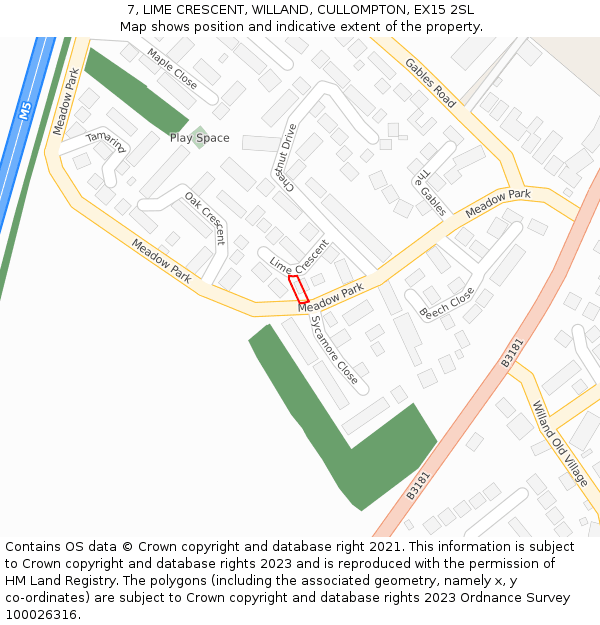 7, LIME CRESCENT, WILLAND, CULLOMPTON, EX15 2SL: Location map and indicative extent of plot