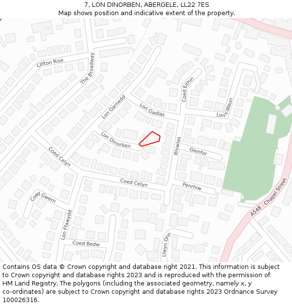7, LON DINORBEN, ABERGELE, LL22 7ES: Location map and indicative extent of plot