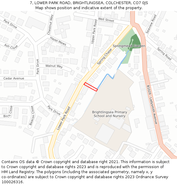 7, LOWER PARK ROAD, BRIGHTLINGSEA, COLCHESTER, CO7 0JS: Location map and indicative extent of plot