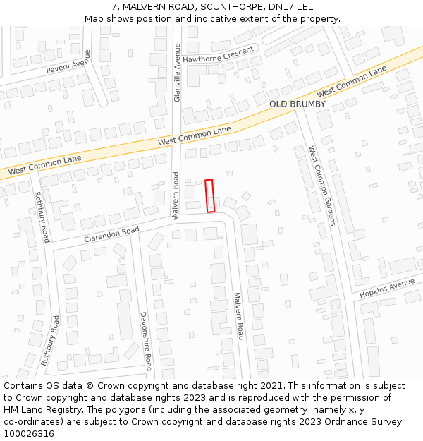 7, MALVERN ROAD, SCUNTHORPE, DN17 1EL: Location map and indicative extent of plot