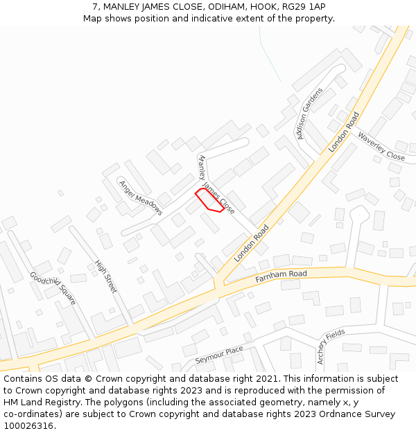 7, MANLEY JAMES CLOSE, ODIHAM, HOOK, RG29 1AP: Location map and indicative extent of plot