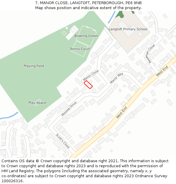 7, MANOR CLOSE, LANGTOFT, PETERBOROUGH, PE6 9NB: Location map and indicative extent of plot