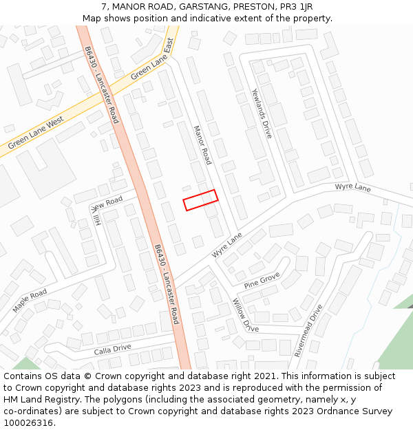 7, MANOR ROAD, GARSTANG, PRESTON, PR3 1JR: Location map and indicative extent of plot