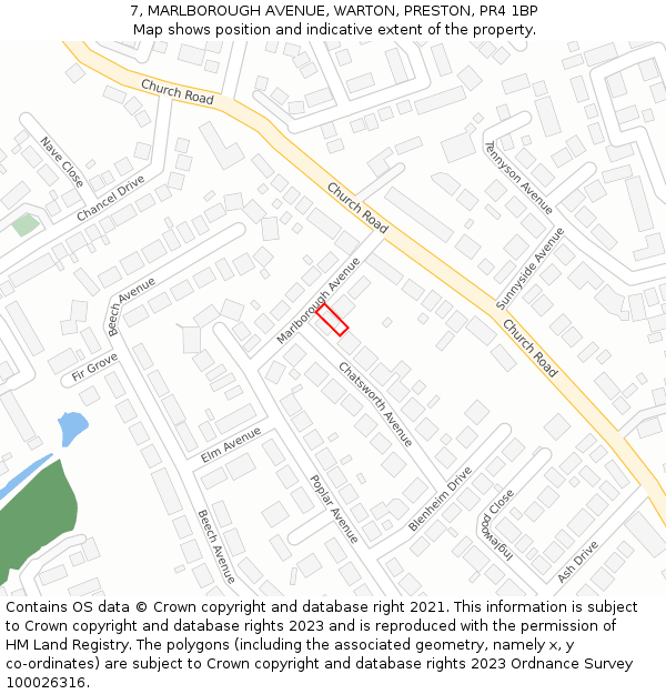 7, MARLBOROUGH AVENUE, WARTON, PRESTON, PR4 1BP: Location map and indicative extent of plot
