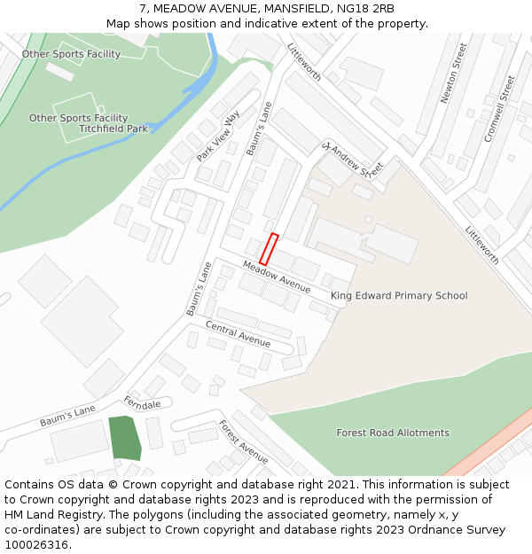 7, MEADOW AVENUE, MANSFIELD, NG18 2RB: Location map and indicative extent of plot