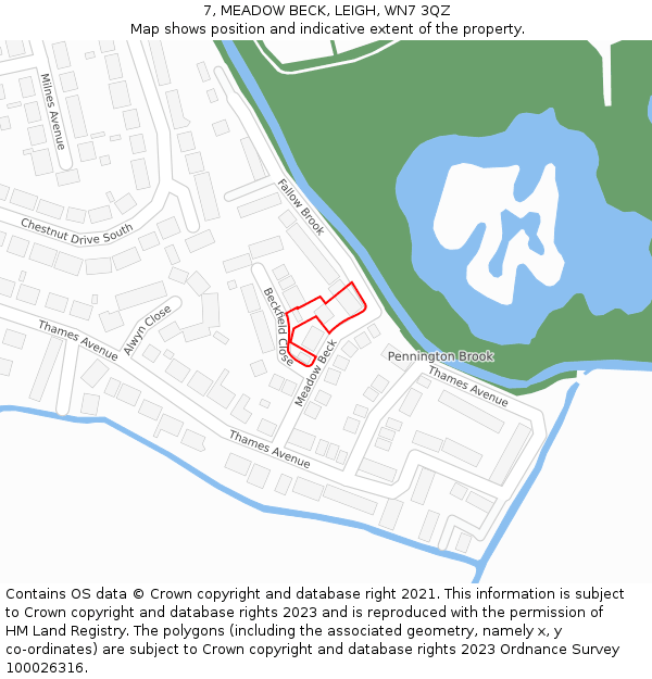 7, MEADOW BECK, LEIGH, WN7 3QZ: Location map and indicative extent of plot