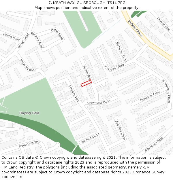 7, MEATH WAY, GUISBOROUGH, TS14 7PG: Location map and indicative extent of plot
