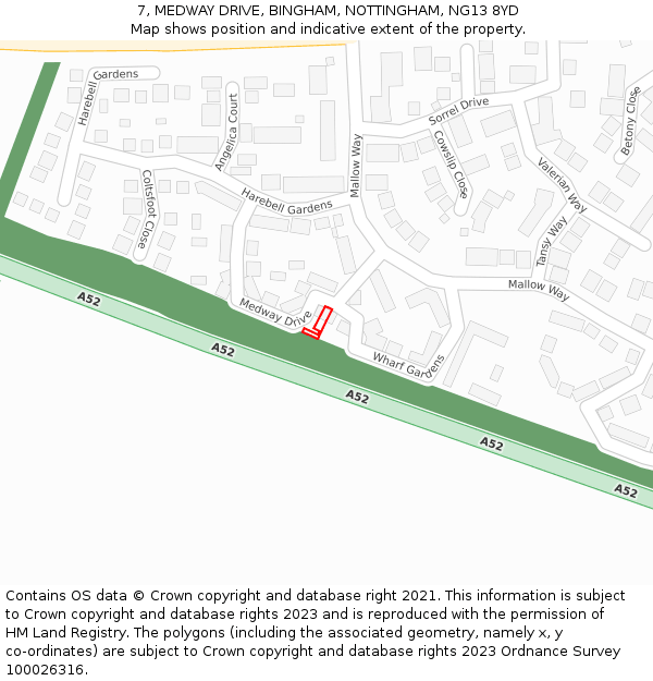 7, MEDWAY DRIVE, BINGHAM, NOTTINGHAM, NG13 8YD: Location map and indicative extent of plot