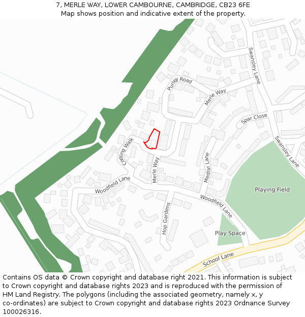 7, MERLE WAY, LOWER CAMBOURNE, CAMBRIDGE, CB23 6FE: Location map and indicative extent of plot