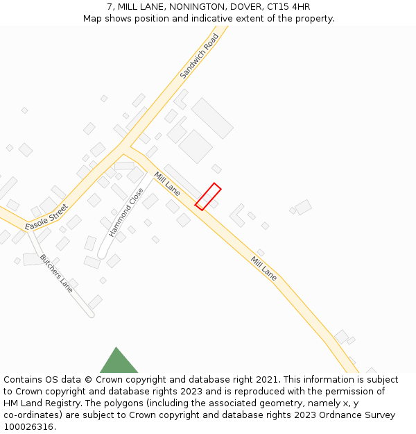 7, MILL LANE, NONINGTON, DOVER, CT15 4HR: Location map and indicative extent of plot