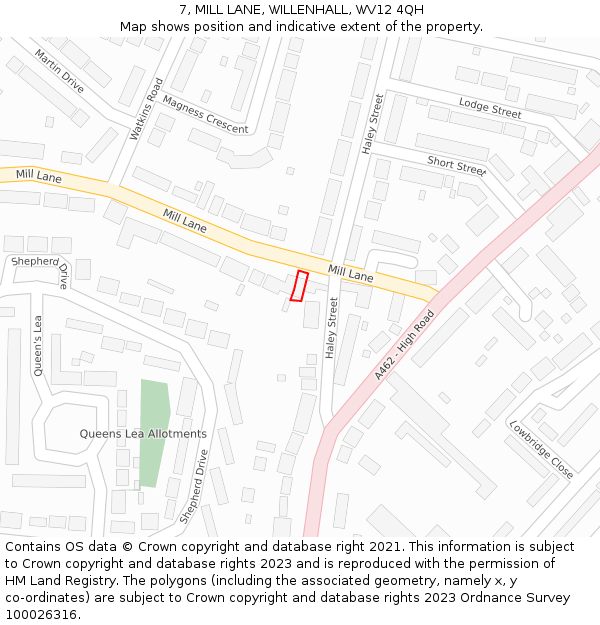 7, MILL LANE, WILLENHALL, WV12 4QH: Location map and indicative extent of plot