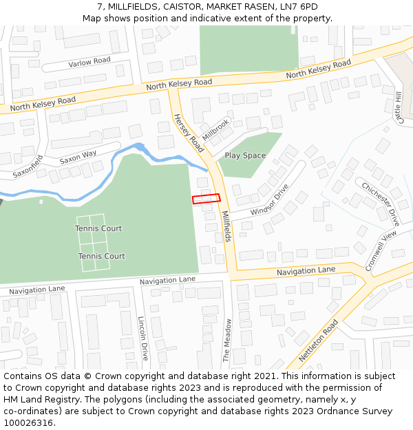 7, MILLFIELDS, CAISTOR, MARKET RASEN, LN7 6PD: Location map and indicative extent of plot