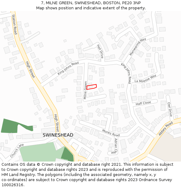 7, MILNE GREEN, SWINESHEAD, BOSTON, PE20 3NP: Location map and indicative extent of plot