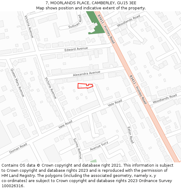 7, MOORLANDS PLACE, CAMBERLEY, GU15 3EE: Location map and indicative extent of plot