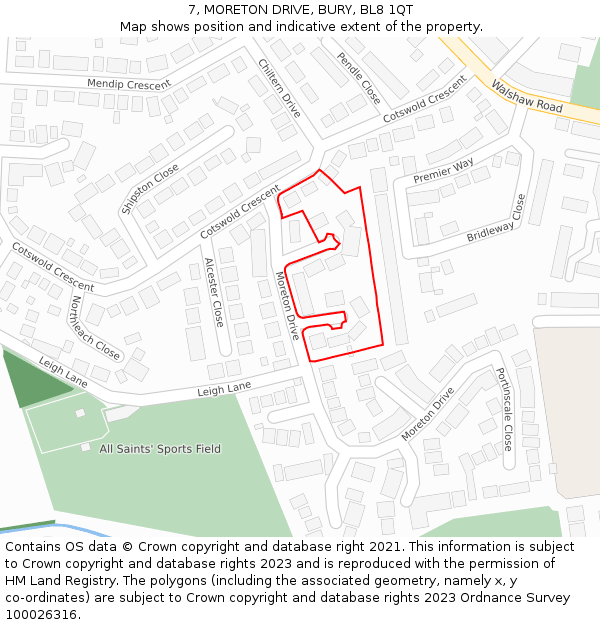 7, MORETON DRIVE, BURY, BL8 1QT: Location map and indicative extent of plot