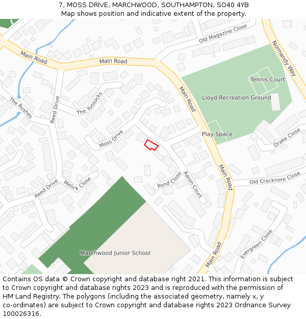 7, MOSS DRIVE, MARCHWOOD, SOUTHAMPTON, SO40 4YB: Location map and indicative extent of plot