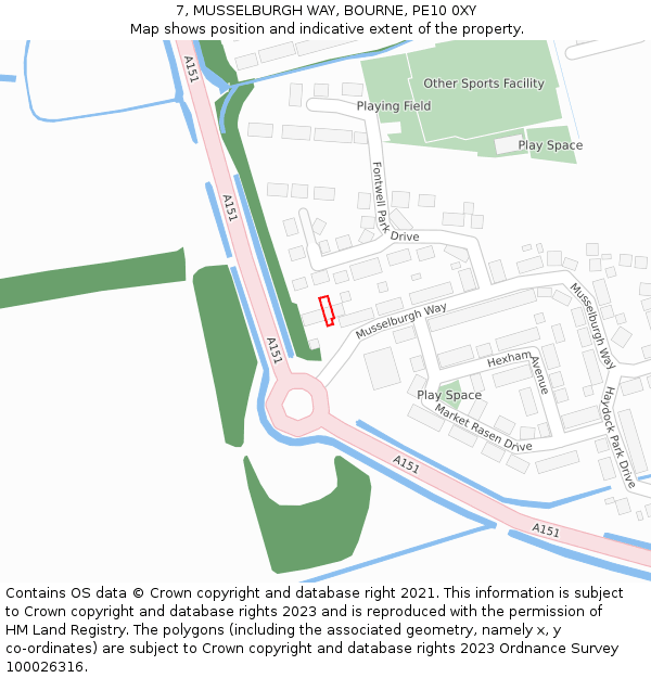 7, MUSSELBURGH WAY, BOURNE, PE10 0XY: Location map and indicative extent of plot