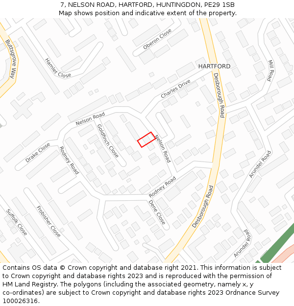 7, NELSON ROAD, HARTFORD, HUNTINGDON, PE29 1SB: Location map and indicative extent of plot