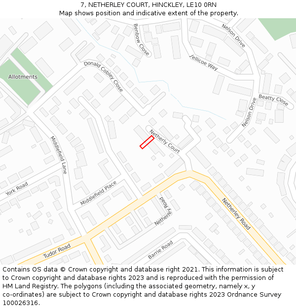 7, NETHERLEY COURT, HINCKLEY, LE10 0RN: Location map and indicative extent of plot
