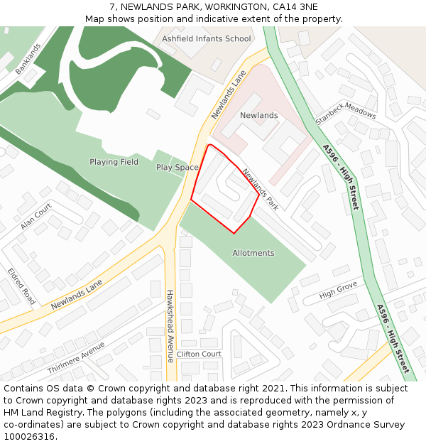 7, NEWLANDS PARK, WORKINGTON, CA14 3NE: Location map and indicative extent of plot