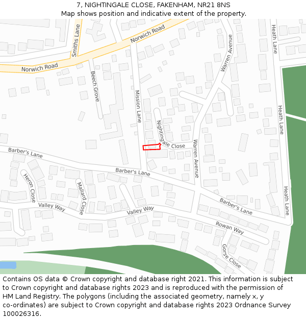 7, NIGHTINGALE CLOSE, FAKENHAM, NR21 8NS: Location map and indicative extent of plot
