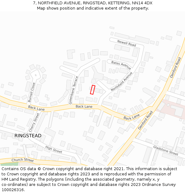 7, NORTHFIELD AVENUE, RINGSTEAD, KETTERING, NN14 4DX: Location map and indicative extent of plot