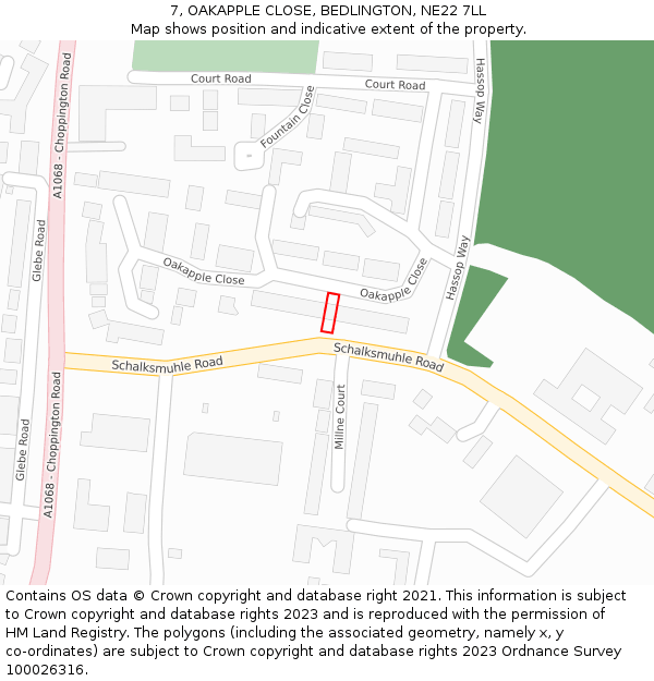 7, OAKAPPLE CLOSE, BEDLINGTON, NE22 7LL: Location map and indicative extent of plot