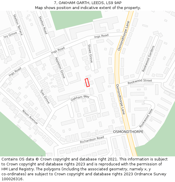 7, OAKHAM GARTH, LEEDS, LS9 9AP: Location map and indicative extent of plot