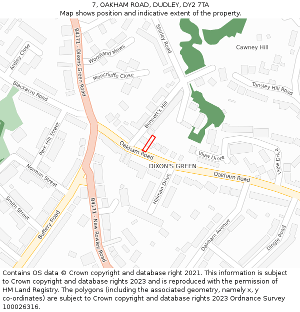 7, OAKHAM ROAD, DUDLEY, DY2 7TA: Location map and indicative extent of plot