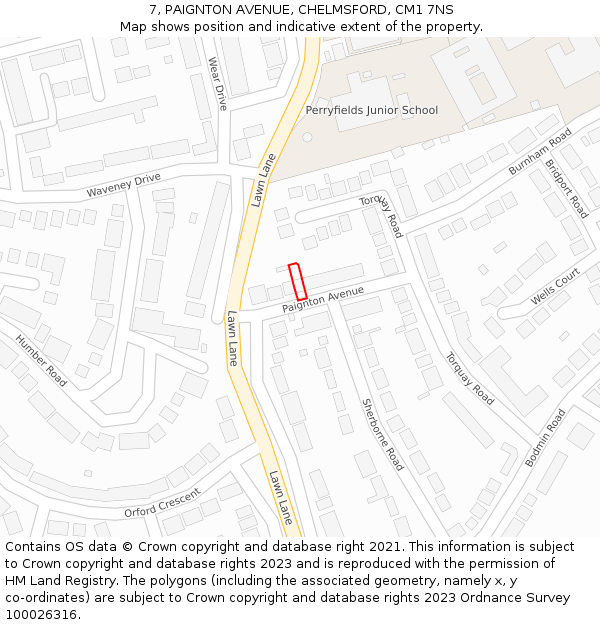 7, PAIGNTON AVENUE, CHELMSFORD, CM1 7NS: Location map and indicative extent of plot