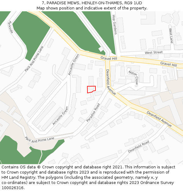 7, PARADISE MEWS, HENLEY-ON-THAMES, RG9 1UD: Location map and indicative extent of plot