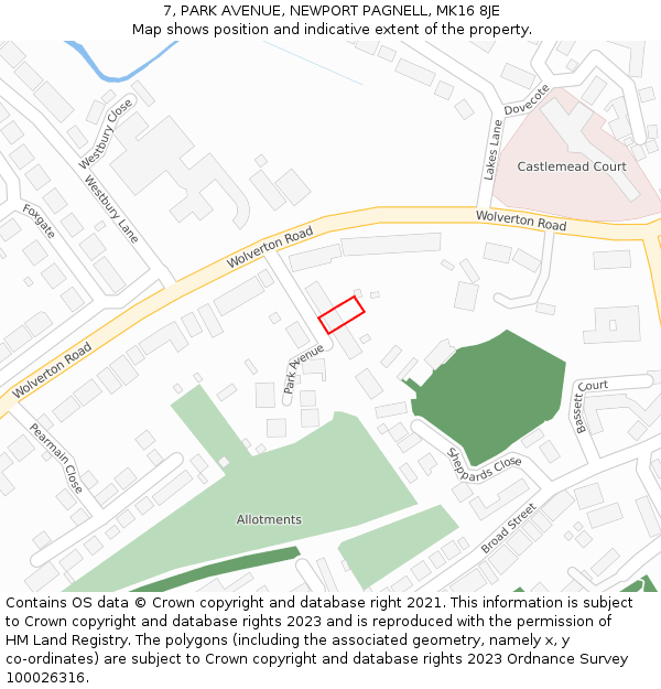 7, PARK AVENUE, NEWPORT PAGNELL, MK16 8JE: Location map and indicative extent of plot